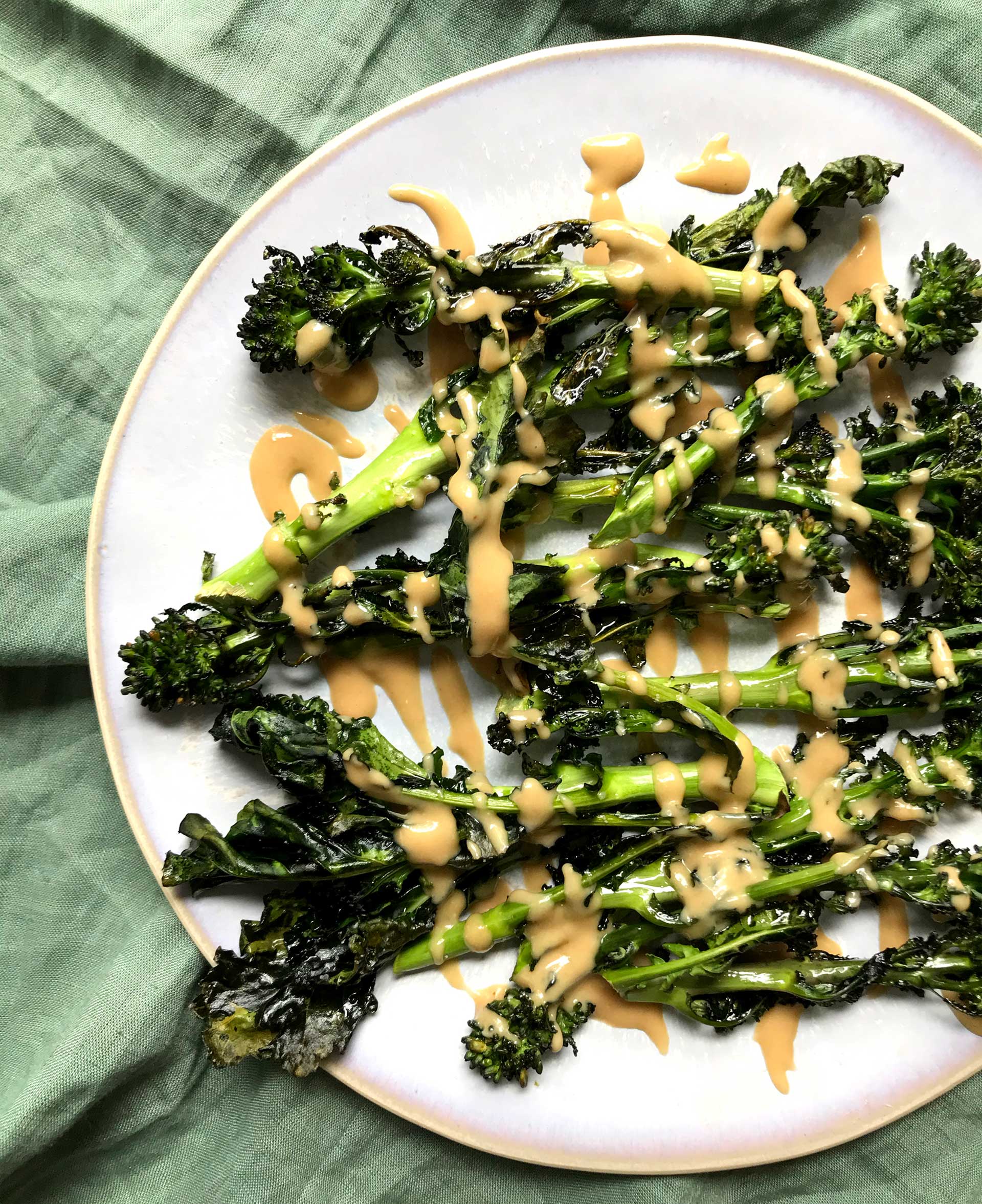Roasted Sprouting Broccoli with Honey-Miso Tahini Sauce