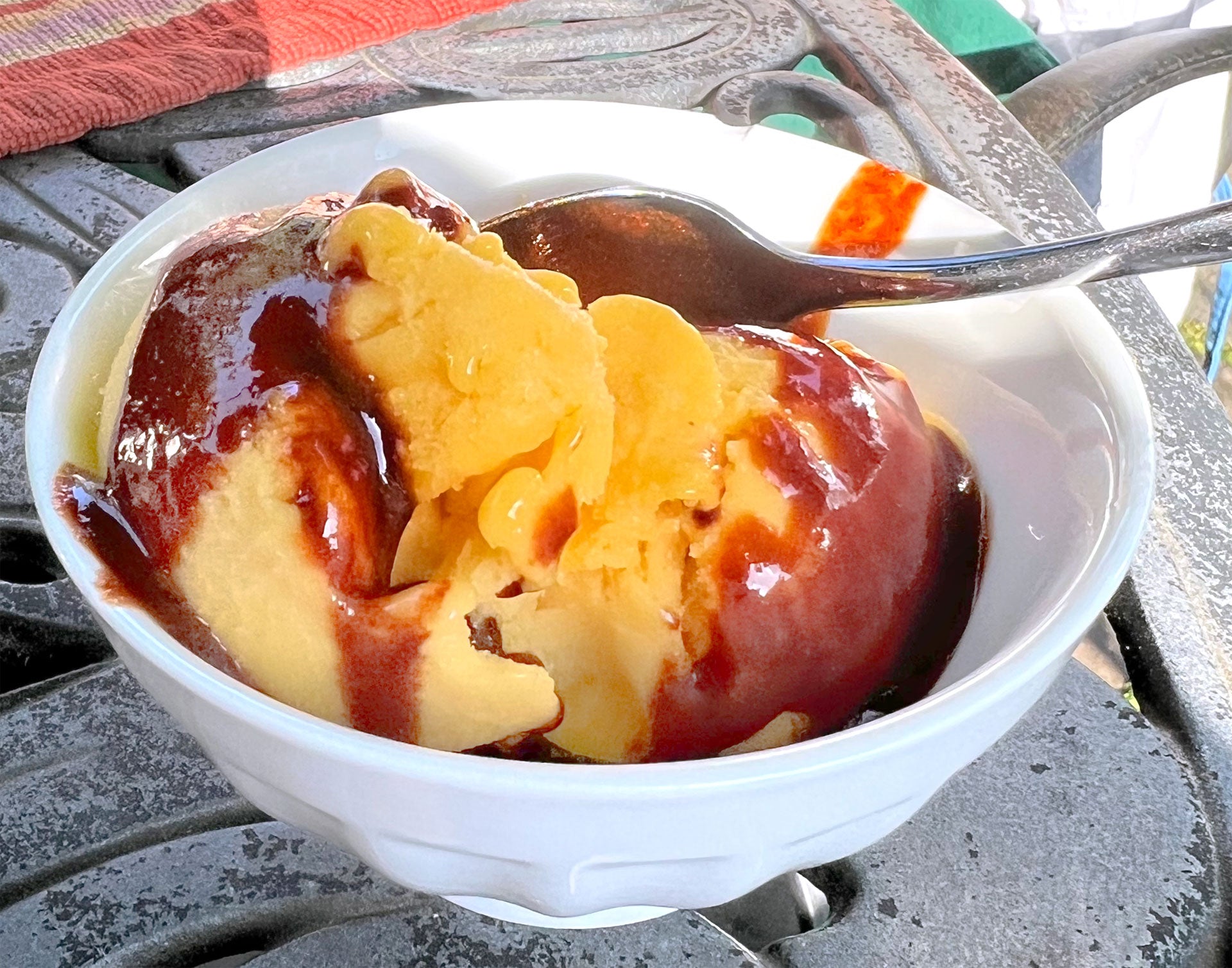 Spicy Mango Sorbet with Chili Pepper Honey Sauce