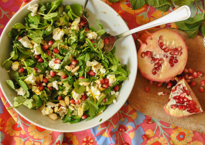 Quinoa, Pomegranate and Pea Shoot Salad with Citrus-Honey Dressing