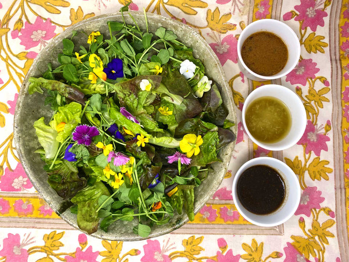 Spring Equinox Salad offered with three dressings Honey Balsamic Dressing, Zesty Lemon Honey Vinaigrette,  Miso Honey Dressing 