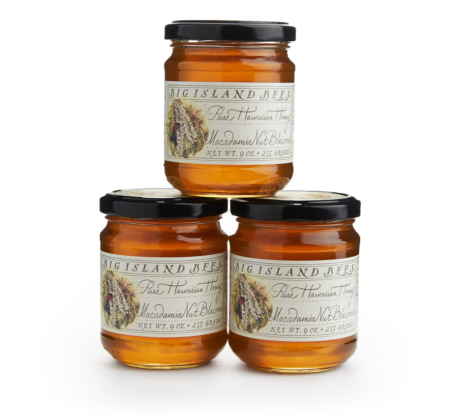 three 9 oz jars of big island macadamia nut blossom honey
